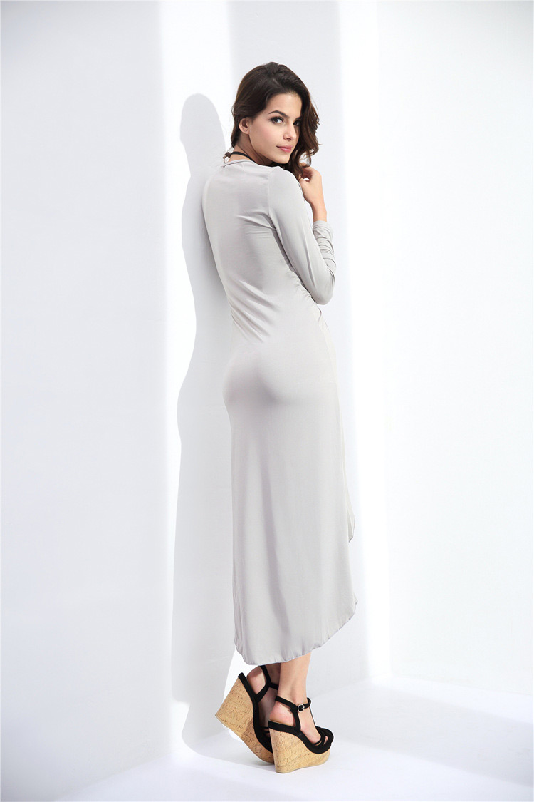 Sexy Silver Color Pure Color Design Round Neckline Long Sleeve Irregular Shape Dress,Long Dress