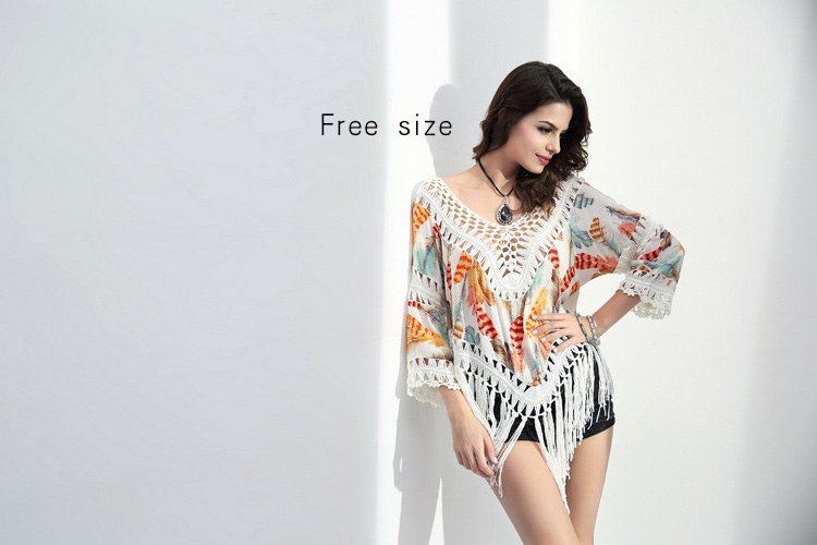 Casual Yellow+white Feather Pattern Decorated V Neckline Three Quaters Blouse,Sunscreen Shirts