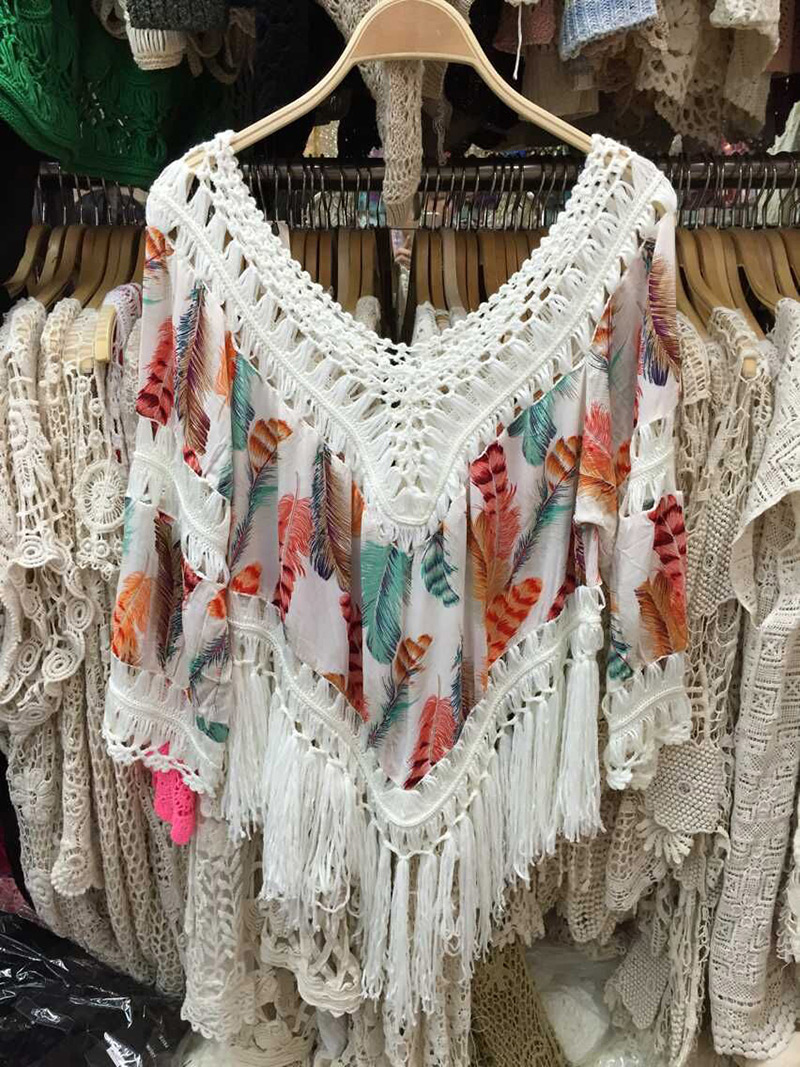 Casual Yellow+white Feather Pattern Decorated V Neckline Three Quaters Blouse,Sunscreen Shirts