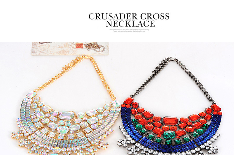 Luxury Red+sapphire Blue Geometric Shape Diamond Decorated Short Chain Necklace,Bib Necklaces
