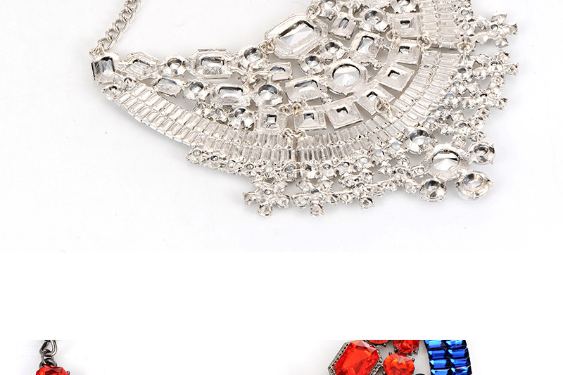 Luxury Red+sapphire Blue Geometric Shape Diamond Decorated Short Chain Necklace,Bib Necklaces