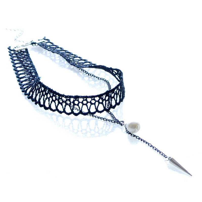 Elegant Black Rivet Tassel Pendant Decorated Double Layer Necklace,Chokers