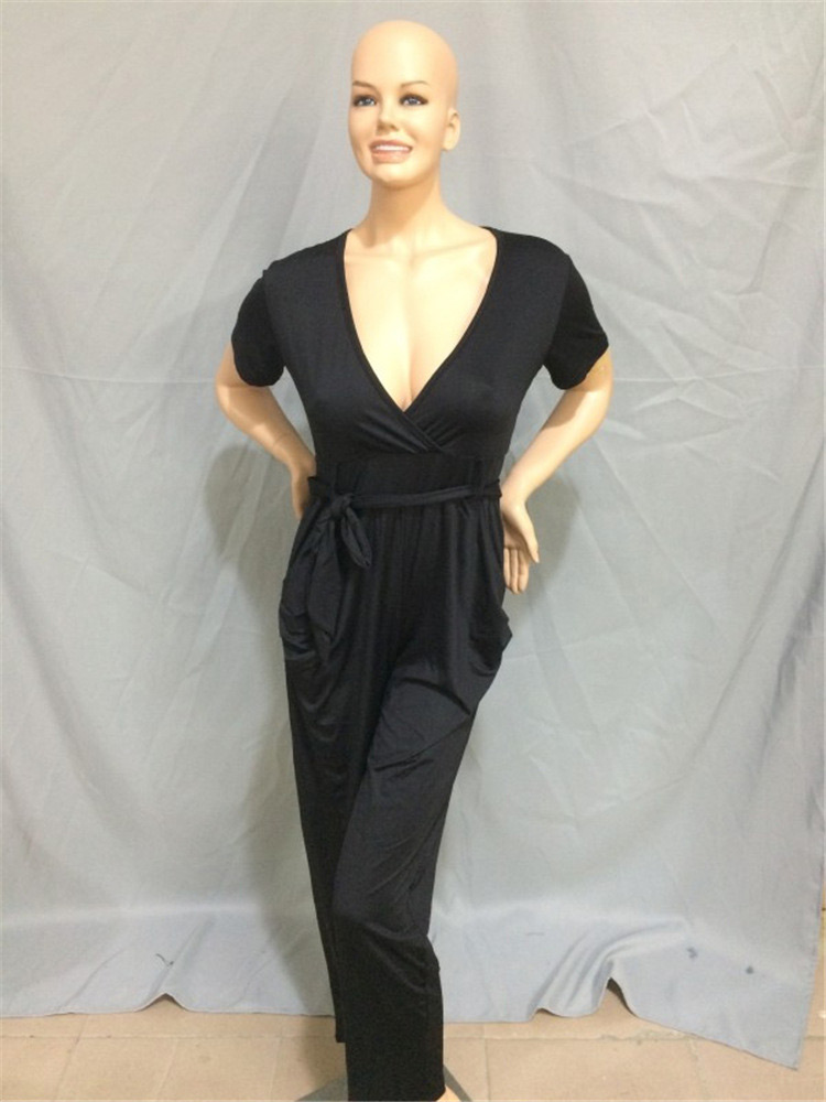 Fashion Black Deep V Neckline Decorated Short Sleeve Pure Color Jumpsuits,ACTIVEWEAR