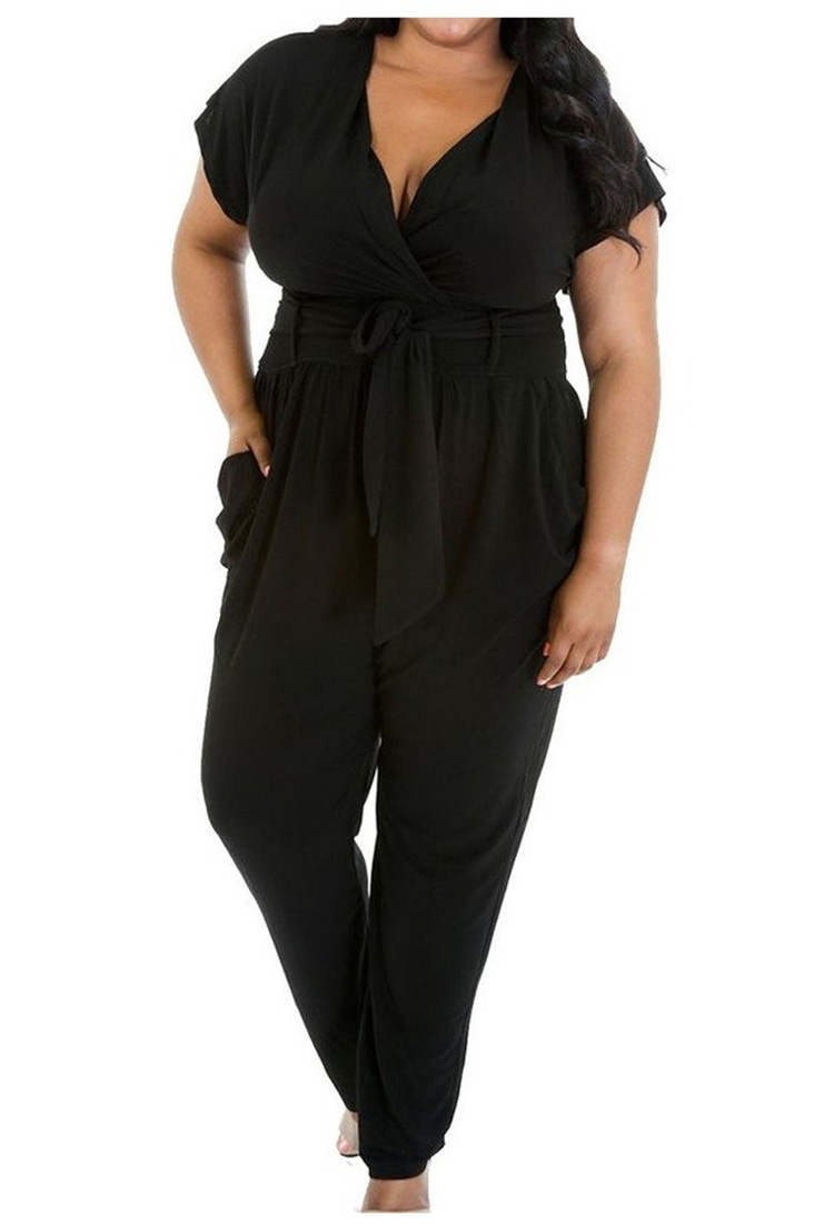 Fashion Black Deep V Neckline Decorated Short Sleeve Pure Color Jumpsuits,ACTIVEWEAR