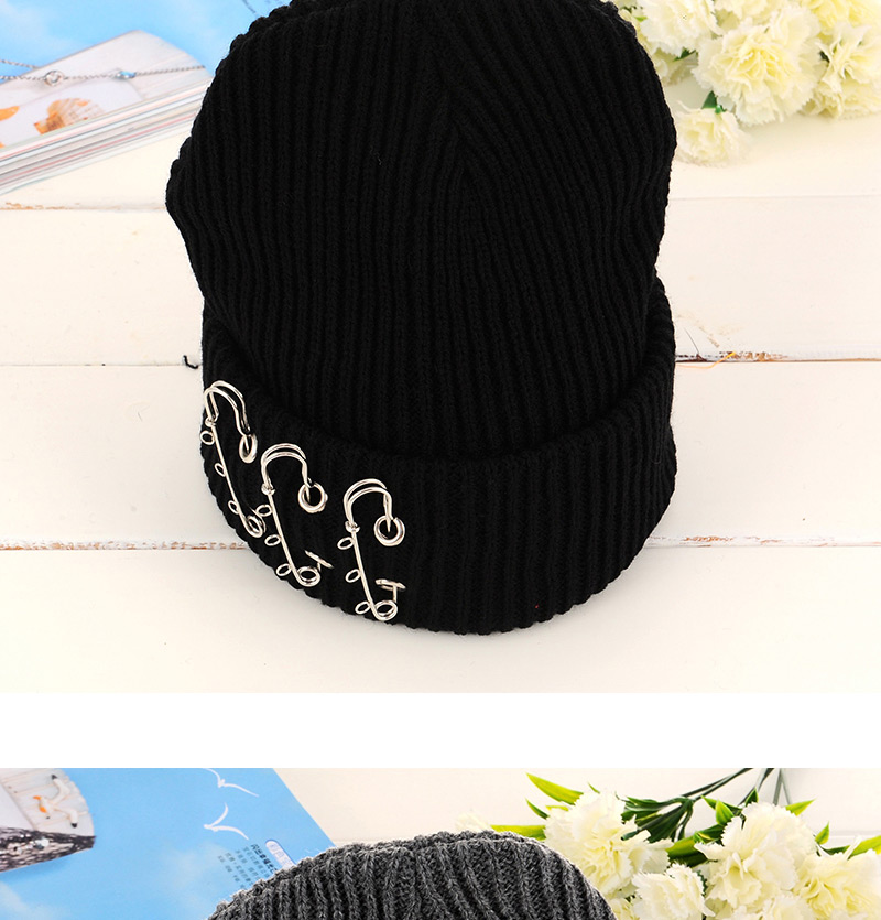 Fashion Black Three Pins Decorated Pure Color Design Simple Knitting Hat,Knitting Wool Hats