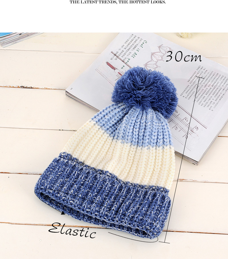 Elegant Blue+beige Fuzz Ball Decorated Color Matching Knitting Hat,Knitting Wool Hats