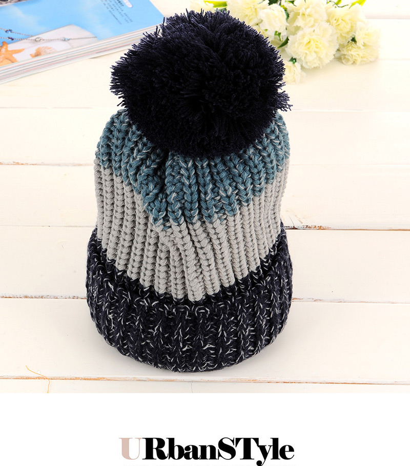 Elegant Blue+beige Fuzz Ball Decorated Color Matching Knitting Hat,Knitting Wool Hats