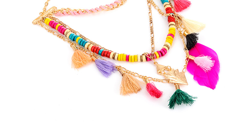 Bohemia Multi-color Tassel &feather Pendant Decorated Multilayer Short Chain Necklace,Thin Scaves