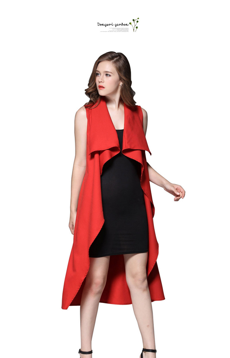 Elegant Red Pure Color Design Sleevelss Dust Coat,Others
