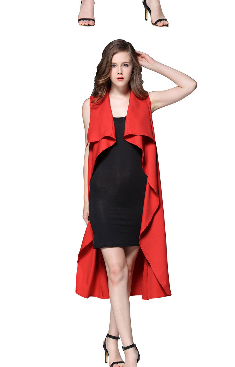 Elegant Red Pure Color Design Sleevelss Dust Coat,Others
