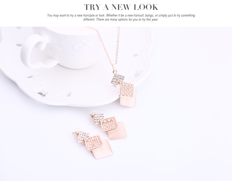 Delicate Rose Gold Three Square Shape Pendant Decorated Long Chain Jewelry Sets,Jewelry Sets