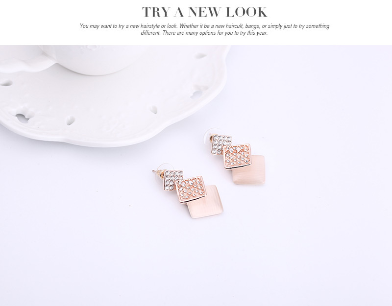 Delicate Rose Gold Three Square Shape Pendant Decorated Long Chain Jewelry Sets,Jewelry Sets