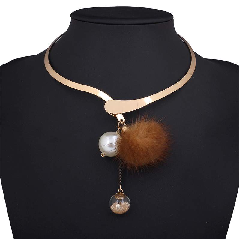 Bohemia Brown Fuzzy Ball&pearl Pendant Decorated Simple Necklace,Chokers