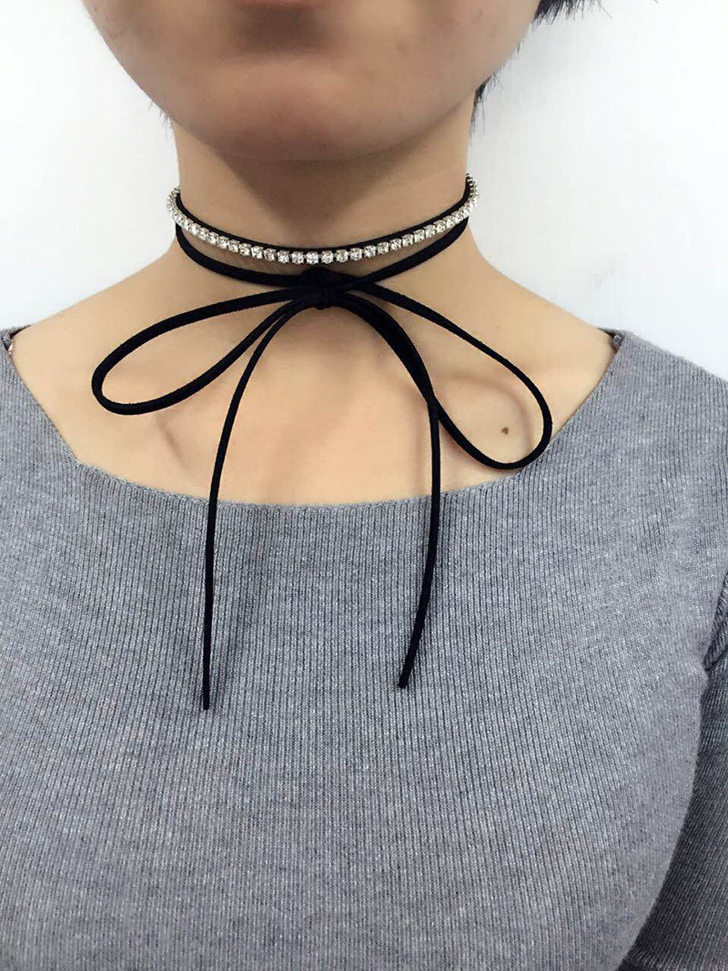 Retro Black Diamond Decorated Double Layer Simple Necklace,Chokers