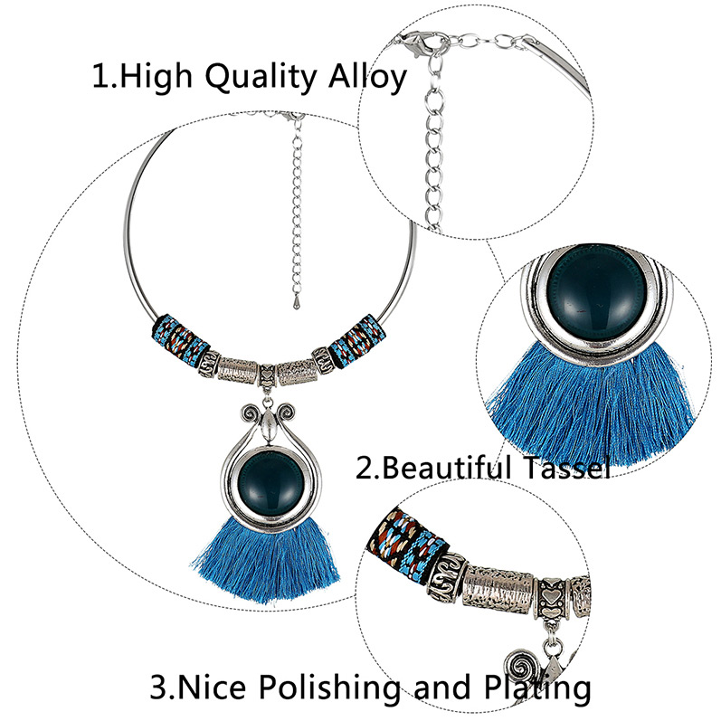 Bohemia Blue Round Shape Gemstone &tassel Decorated Short Chain Jewelry Sets,Chokers