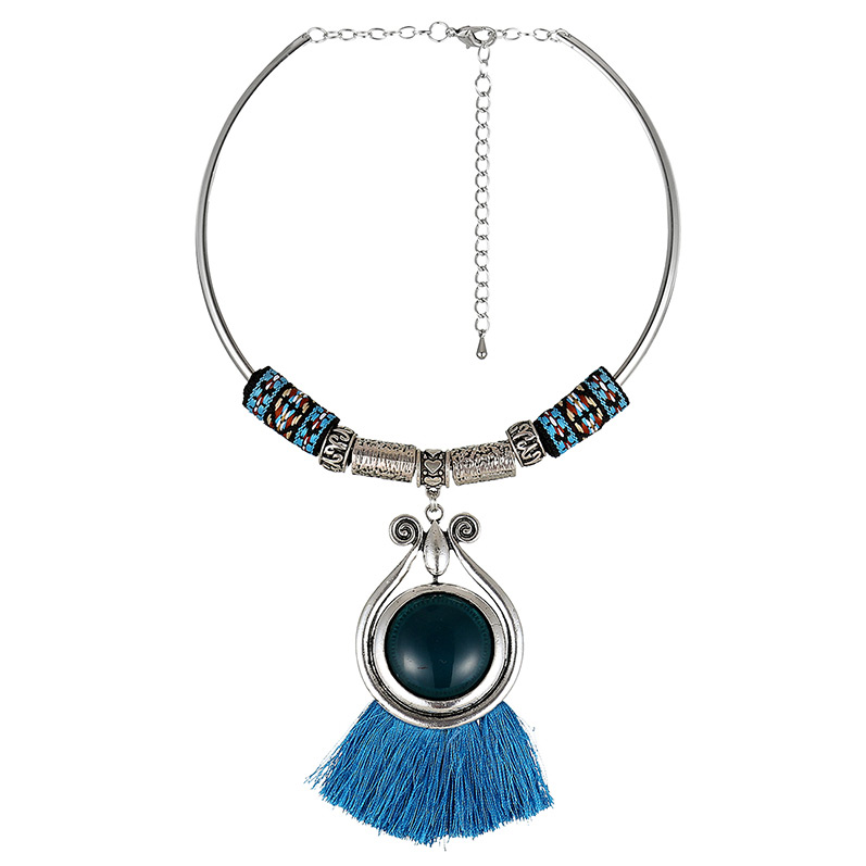 Bohemia Blue Round Shape Gemstone &tassel Decorated Short Chain Jewelry Sets,Chokers