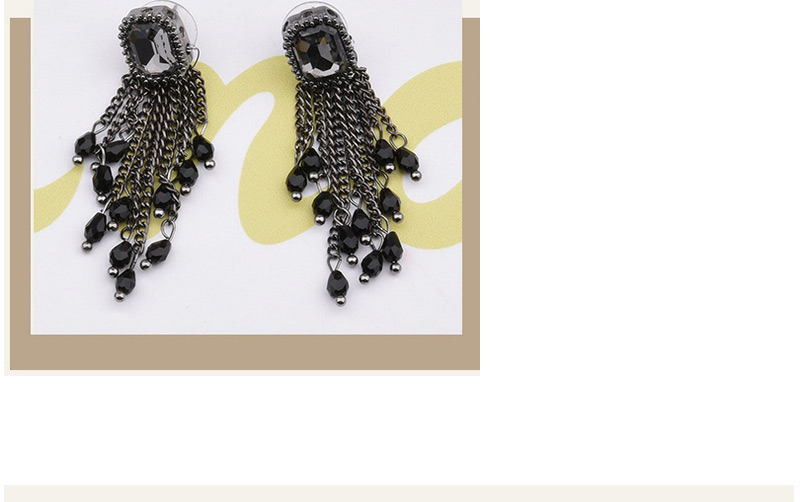 Vintage Black Chian Tassel Decorated Square Diamond Decorated Earrings,Drop Earrings