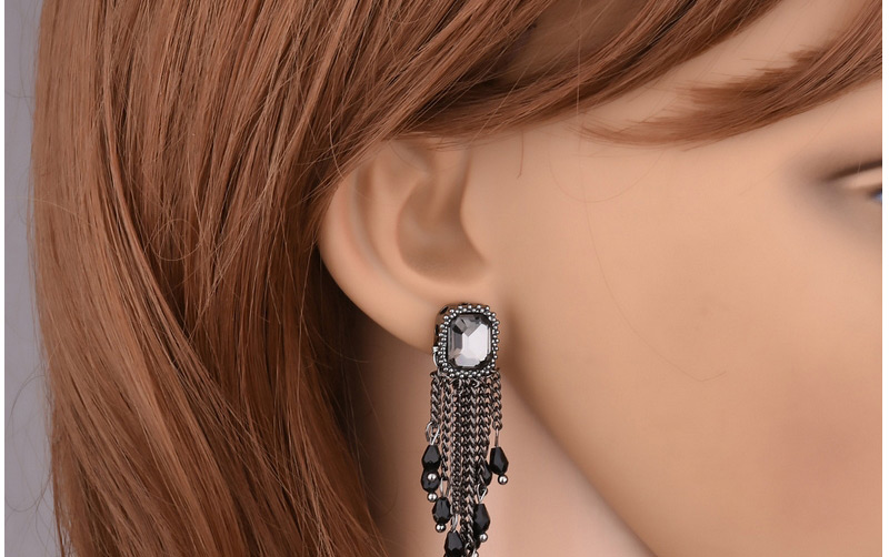 Vintage Black Chian Tassel Decorated Square Diamond Decorated Earrings,Drop Earrings
