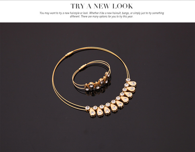 Fashion Gold Color Diamond Decorated Double Layer Jewelry Sets (3pcs),Jewelry Set