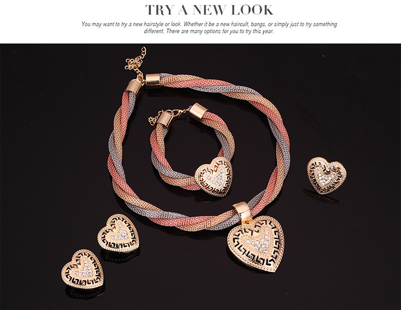 Fashion Gold Color Diamond Decorated Hollow Out Heart Shape Jewelry Sets (4pcs),Jewelry Sets