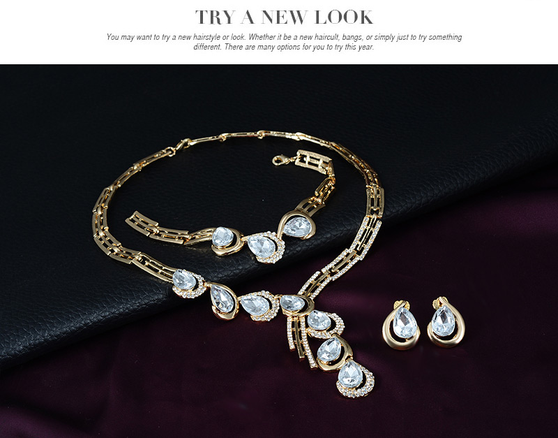 Fashion Gold Color Oval Shape Diamond Decorated Short Chain Jewelry Sets,Jewelry Sets