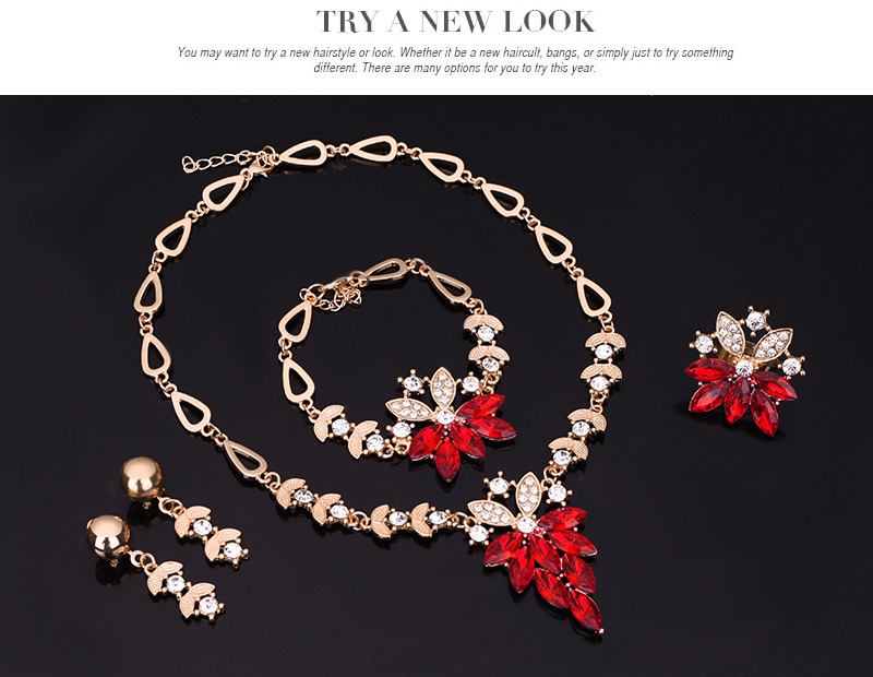 Luxury Red Flower Shape Pendant Decorated Short Chain Jewelry Sets,Jewelry Sets