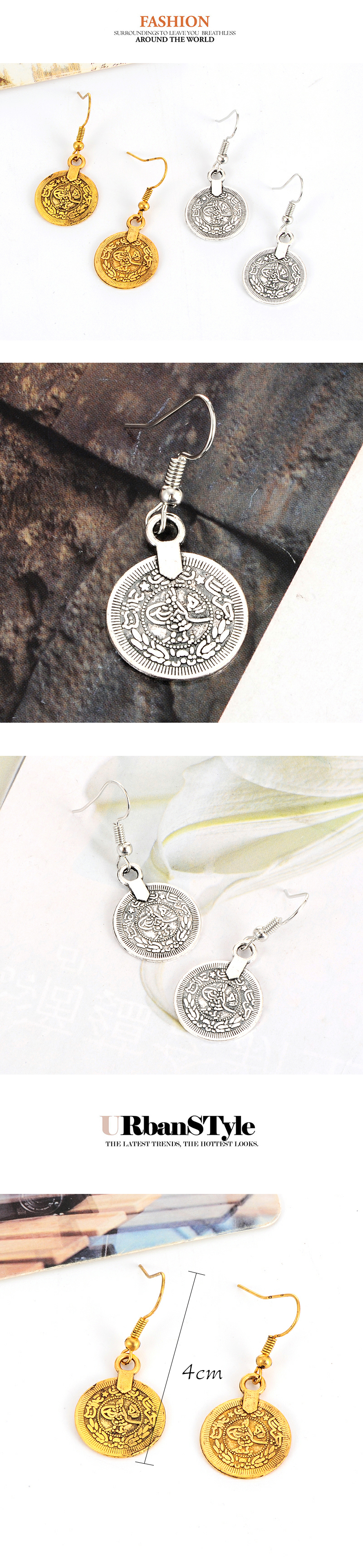 Vintage Silver Color Coin Shape Pendant Decorated Simple Earrings,Drop Earrings