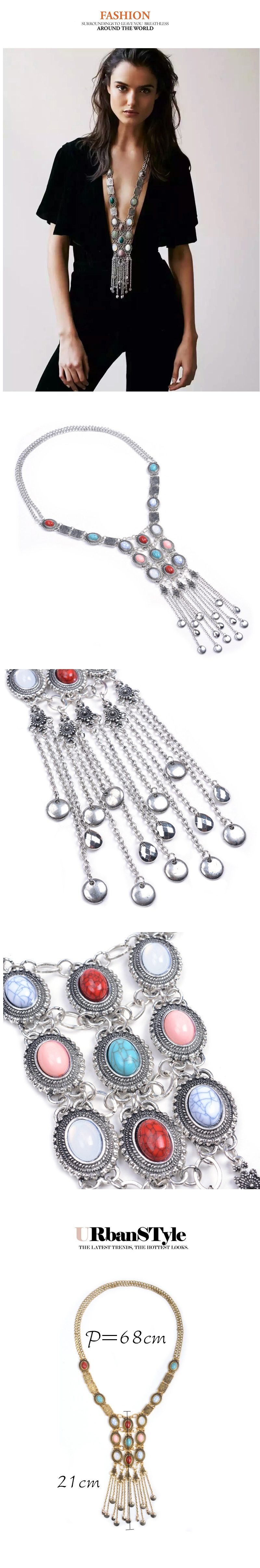 Bohemia Silver Color Round Shape Gemstone Decorated Tassel Body Chain,Bib Necklaces