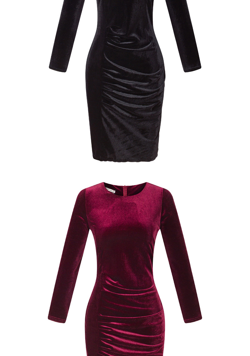 Elegant Claret-red Pure Color Decorated Long Sleeve O Neckline Tight Dress,Mini & Short Dresses