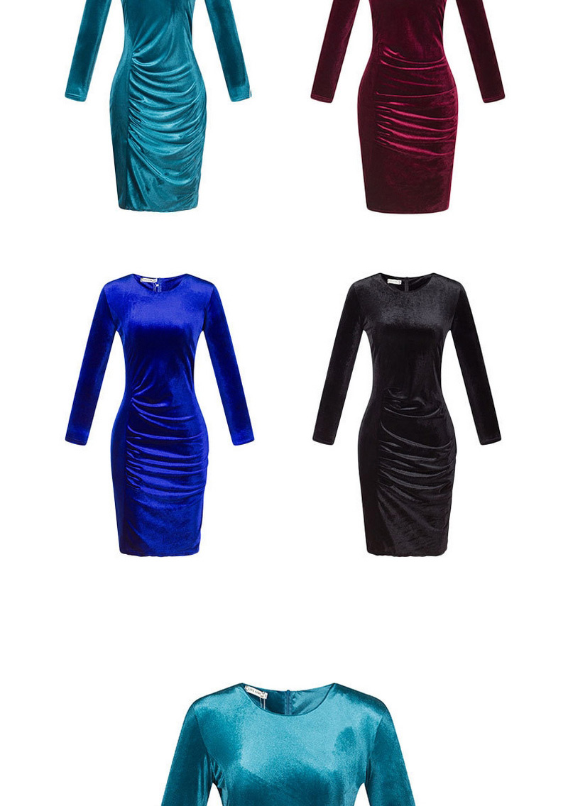Trendy Sapphire Blue Pure Color Decorated Long Sleeve O Neckline Tight Dress,Mini & Short Dresses