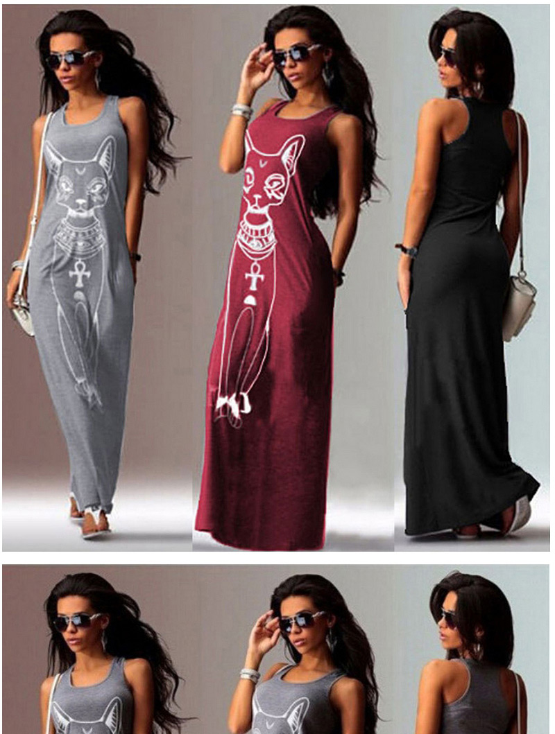 Fashion Gray Cat Pattern Decorated Simple Design Sleeveless O Neckline Dress,Long Dress