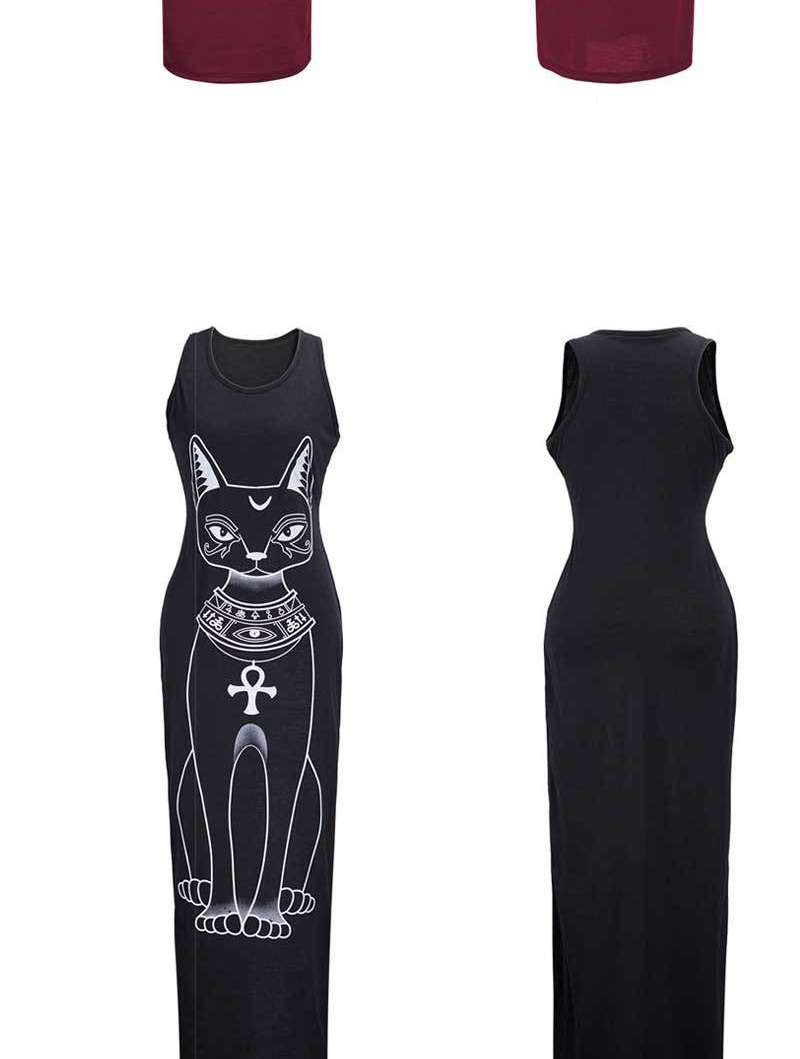 Fashion Gray Cat Pattern Decorated Simple Design Sleeveless O Neckline Dress,Long Dress