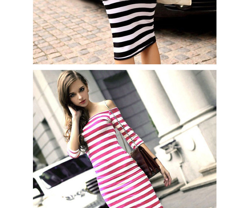 Trendy Black+white Off-the-shoulder Design Strip Decorated Long Sleeve Dress,Mini & Short Dresses