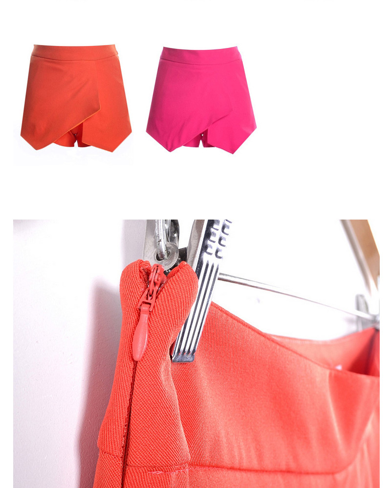 Fashion Rose Red Pure Color Decorated Irregular Shape Design Skirt,Shorts