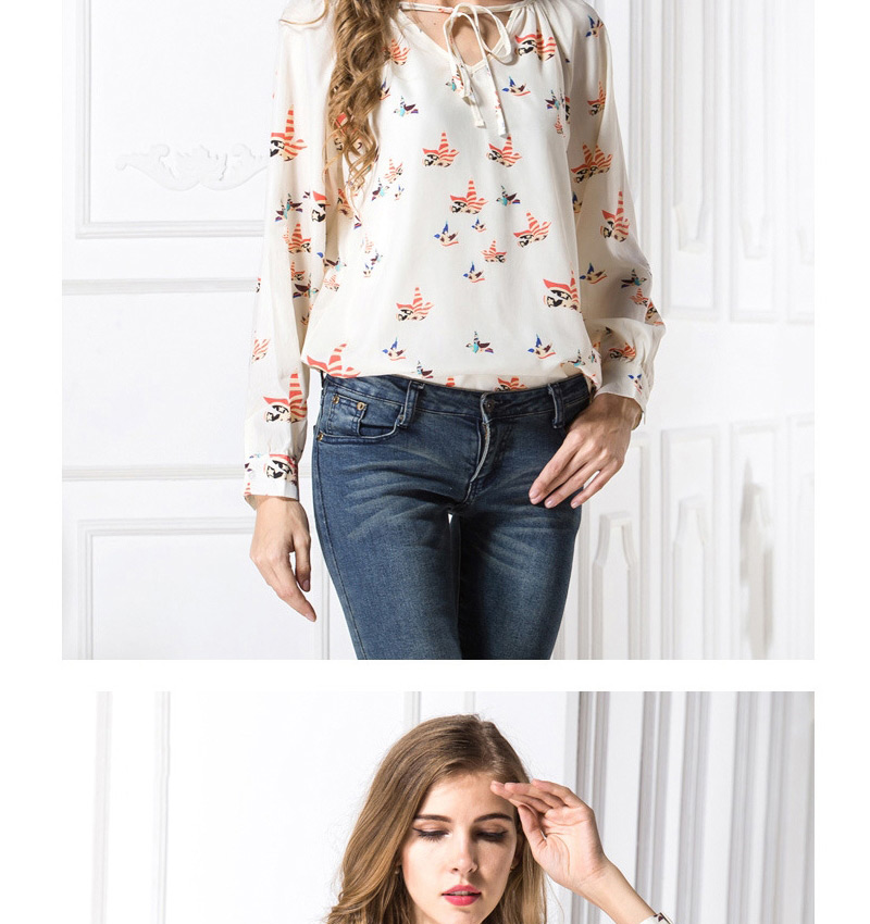 Trendy Cream-colored V Neckline Decorated Simple Design Long Sleeve Shirt,Blouses