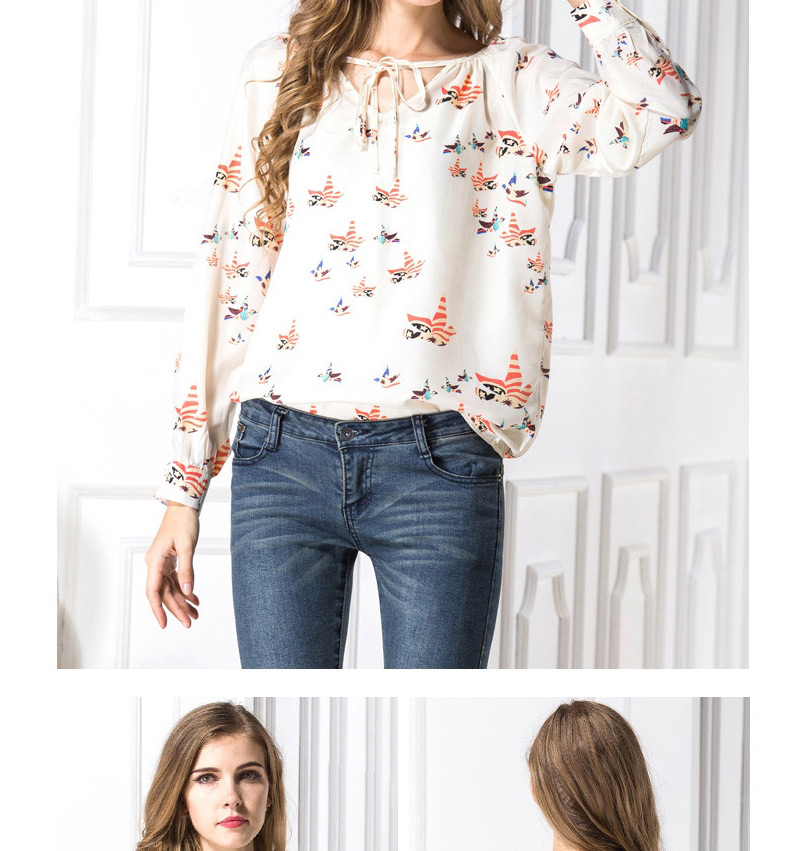Trendy Cream-colored V Neckline Decorated Simple Design Long Sleeve Shirt,Blouses
