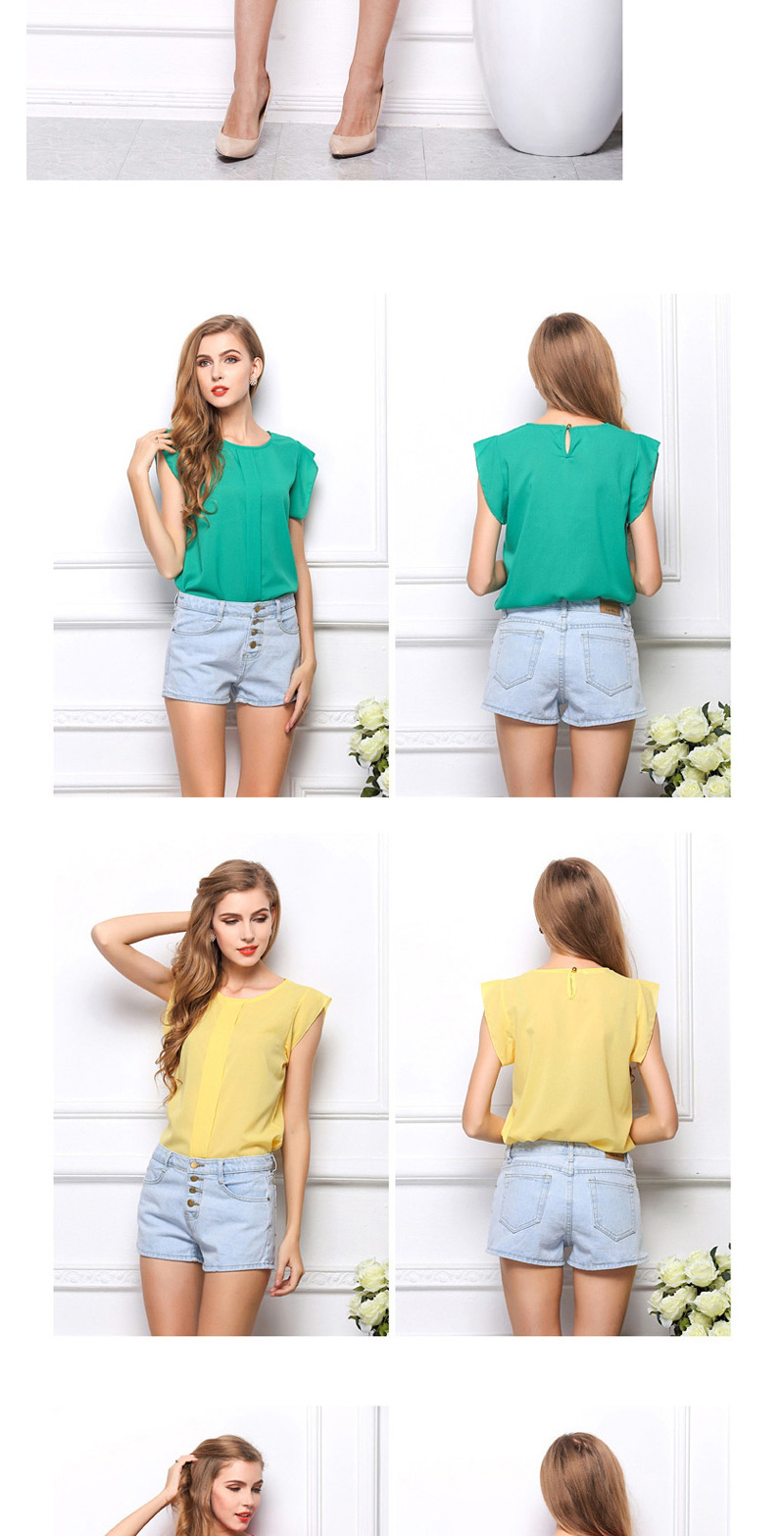 Fashion Fruit Green O Shape Neckline Design Pure Color Short Sleeve Shirt,Blouses