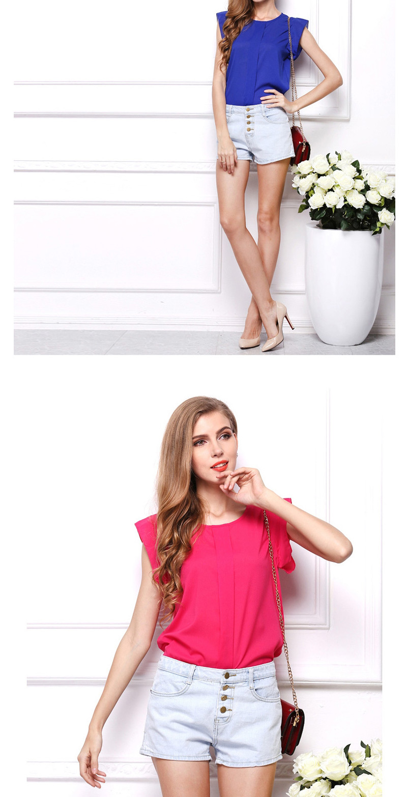 Trendy Rose Red O Shape Neckline Design Pure Color Short Sleeve Shirt,Blouses