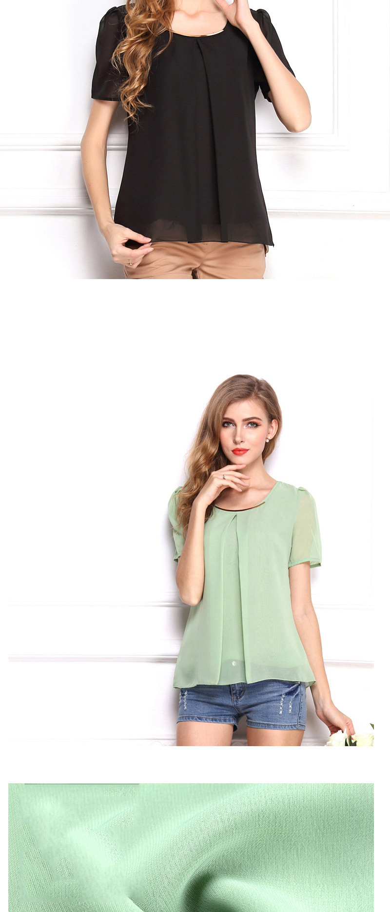 Fashion Black O Shape Neckline Design Pure Color Short Sleeve Shirt,Blouses