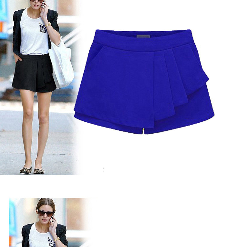 Trendy Sapphire Blue Pure Color Design Simple Design Bilayer Shorts,Shorts
