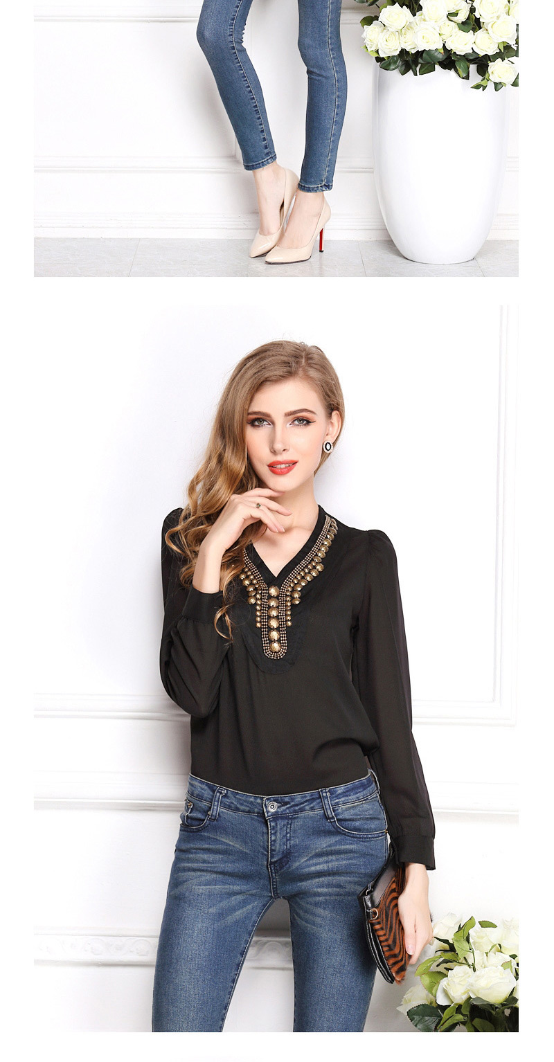 Fashion Black V Shape Neckline Decorated Simple Design Long Sleeve Shirt,Blouses