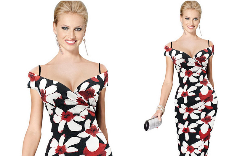 Sexy  Flower Pattern Decorated Off-the-shoulder Package Hip Strap Dress,Knee Length