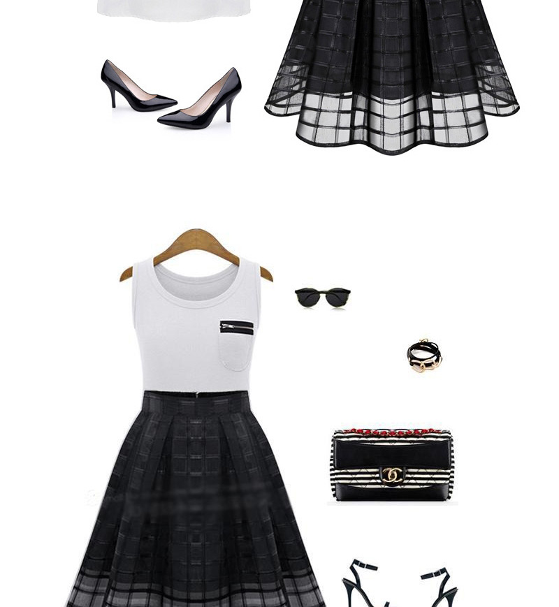 Fashion White Grid Decorated Pure Color Simple Bubble Chiffon Skirt,Skirts