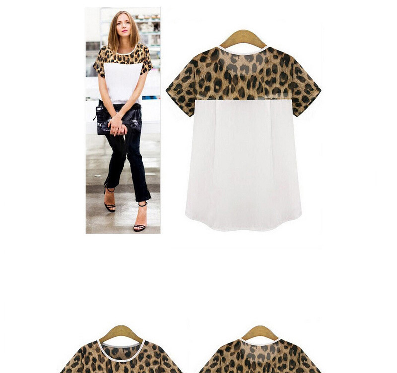 Fashion Black Leopard Print Pattern Decorated Short Sleeve Patchwork Chiffon T-shirt,Blouses