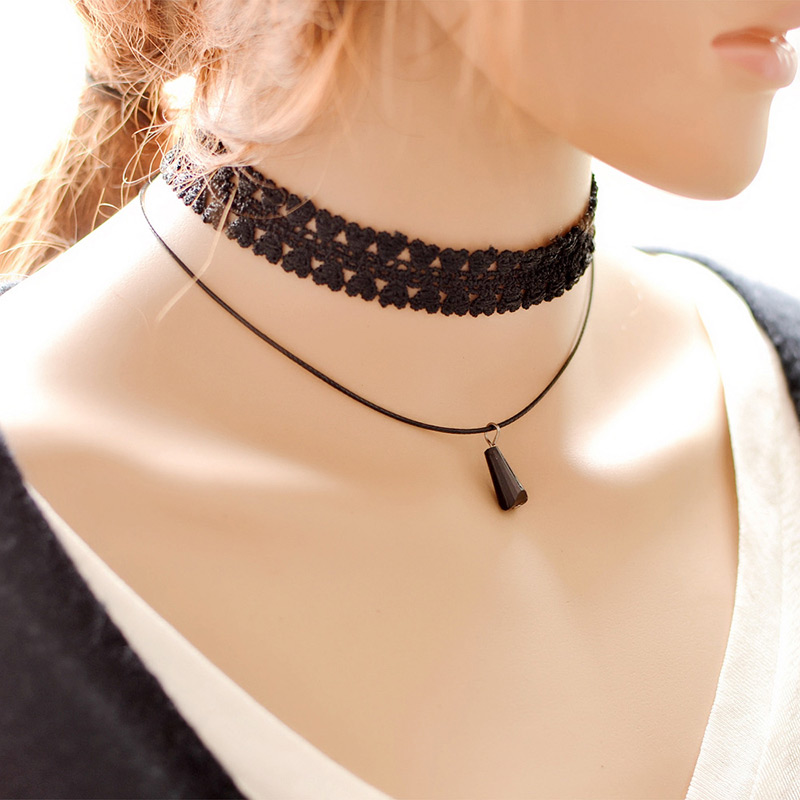 Vintage Black Bead Pendant Decorated Double Layer Choker,Chokers
