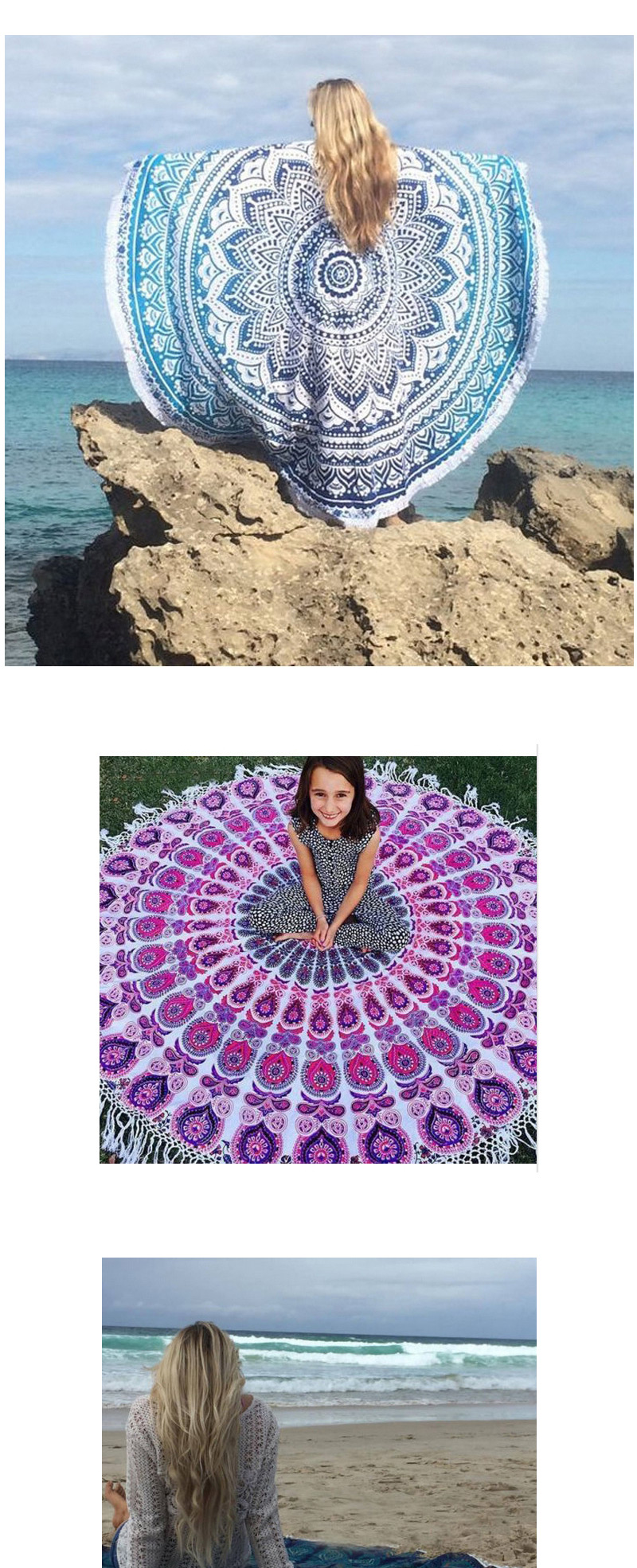 Fashion Blue Geometric Flowe Pattern Decorated Tassel Yoga Mat&shawl,Cover-Ups