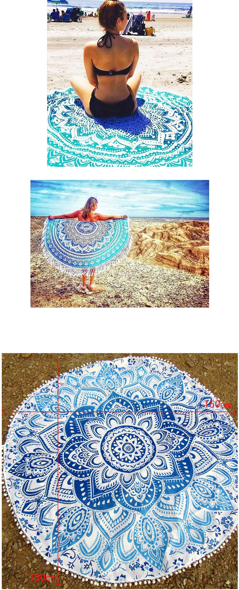 Fashion Blue Geometric Flowe Pattern Decorated Tassel Yoga Mat&shawl,Cover-Ups
