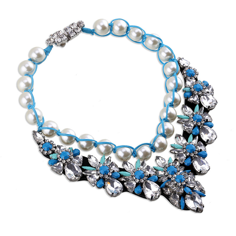 Elegant White+blue Geometric Diamond Decorated Pearl Weaving Chain Necklace,Multi Strand Necklaces