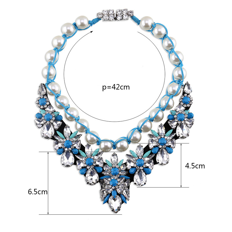 Elegant White+blue Geometric Diamond Decorated Pearl Weaving Chain Necklace,Multi Strand Necklaces