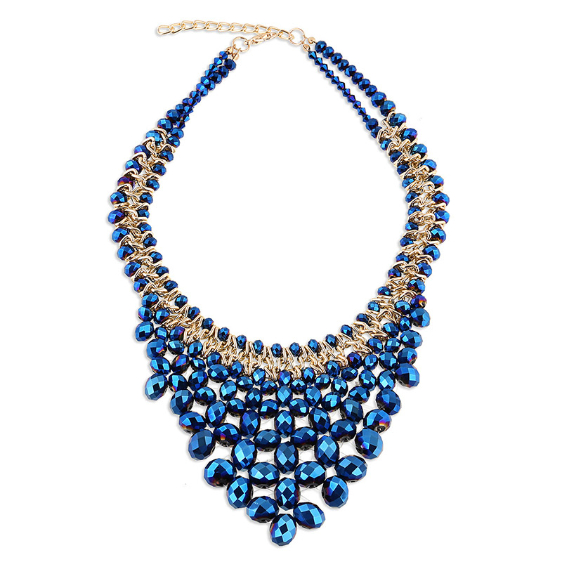 Elegant Sapphire Blue Oval Shape Gemstone Weaving Decorated Short Chain Necklace,Beaded Necklaces